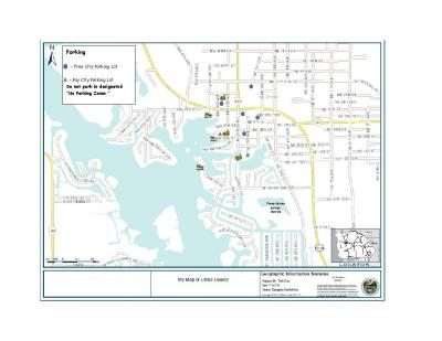 A customized map of King's Bay marked with paid and free parking locations.