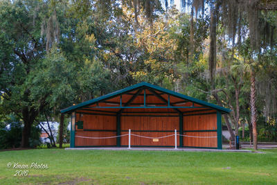 Wooden structure over ground level stage at Kings Bay Park 