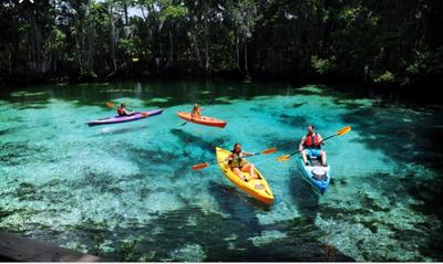 People kayaking on the clear water of the springs